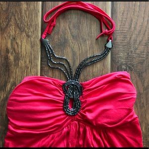 Off-the-shoulder red top with metal strap